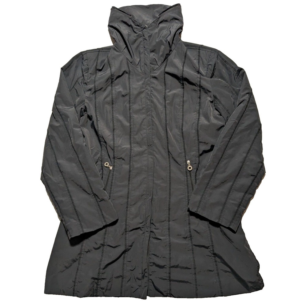 NUAGE Women Large Black Nylon Blend‎ Lined Concealed Hood Zip Wind Rain Parka